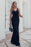 V-Neck Spaghetti Straps Velvet Dark Navy Blue Mermaid Evening Dress, Prom Dresses SJS15480