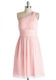 Simple Dress A-line One-shoulder Pink Chiffon Bridesmaid Dresses Reception Dresses JS473