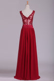 Burgundy V-Neck Prom Dresses A Line Chiffon With Applique