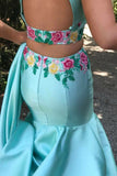 Elegant 2 Pieces Sheath Mermaid Mint Open Back Long Prom Dresses