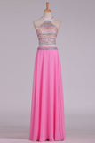 A Line Halter Open Back Two Pieces Beaded Bodice Chiffon & Tulle Prom Dresses