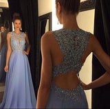 Lace Open Back Sexy Blue Chiffon Cheap A-Line Beads Sleeveless Scoop Prom Dresses JS942