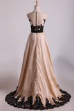 Asymmetrical Bateau Prom Dresses Taffeta With Applique And Sash