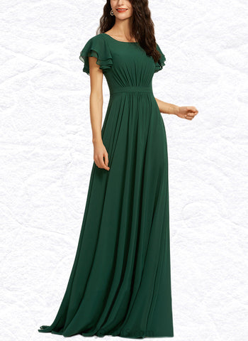 Vivien A-line Scoop Floor-Length Chiffon Bridesmaid Dress With Ruffle UKP0019329