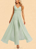 Paola Jumpsuit/Pantsuit V-Neck Floor-Length Chiffon Bridesmaid Dress With Ruffle UKP0019330