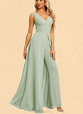 Paola Jumpsuit/Pantsuit V-Neck Floor-Length Chiffon Bridesmaid Dress With Ruffle UKP0019330