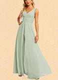 Paola Jumpsuit/Pantsuit V-Neck Floor-Length Chiffon Bridesmaid Dress With Ruffle UKP0019330