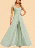 Paola Jumpsuit/Pantsuit V-Neck Floor-Length Chiffon Bridesmaid Dress With Ruffle UKP0019330