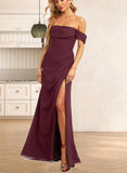 Camille A-line Off the Shoulder Floor-Length Chiffon Bridesmaid Dress With Ruffle UKP0019332