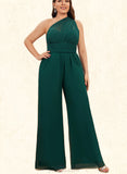 Caroline Jumpsuit/Pantsuit Halter High Neck One Shoulder V-Neck Floor-Length Chiffon Bridesmaid Dress With Ruffle UKP0019333