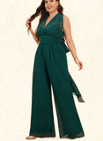 Caroline Jumpsuit/Pantsuit Halter High Neck One Shoulder V-Neck Floor-Length Chiffon Bridesmaid Dress With Ruffle UKP0019333