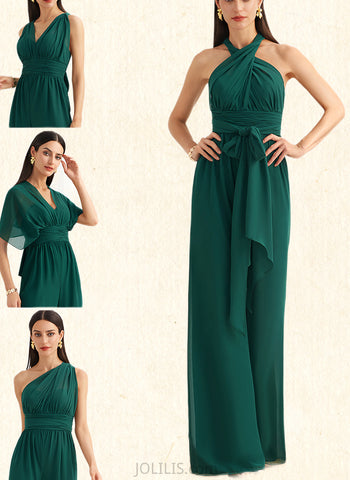 Caroline Jumpsuit/Pantsuit Halter High Neck One Shoulder V-Neck Floor-Length Chiffon Bridesmaid Dress With Ruffle UKP0019333