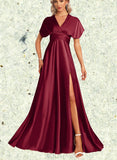 Morgan A-line Halter One Shoulder V-Neck Floor-Length Silky Satin Bridesmaid Dress UKP0019334