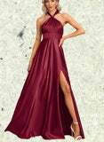 Morgan A-line Halter One Shoulder V-Neck Floor-Length Silky Satin Bridesmaid Dress UKP0019334