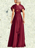 Morgan A-line Halter One Shoulder V-Neck Floor-Length Silky Satin Bridesmaid Dress UKP0019334