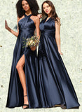 Morgan A-line Halter One Shoulder V-Neck Floor-Length Silky Satin Bridesmaid Dress UKP0019334