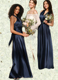 Morgan A-line Halter One Shoulder V-Neck Floor-Length Silky Satin Bridesmaid Dress UKP0019334