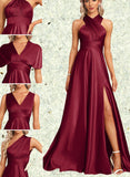 Morgan A-line Halter One Shoulder V-Neck Floor-Length Silky Satin Bridesmaid Dress UKP0019334