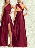 Morgan A-line Halter One Shoulder V-Neck Floor-Length Silky Satin Bridesmaid Dress UKP0019334