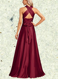 Morgan A-line Halter One Shoulder V-Neck Floor-Length Silky Satin Bridesmaid Dress UKP0019334