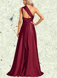 Morgan A-line Halter One Shoulder V-Neck Floor-Length Silky Satin Bridesmaid Dress UKP0019334