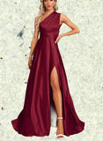 Morgan A-line Halter One Shoulder V-Neck Floor-Length Silky Satin Bridesmaid Dress UKP0019334