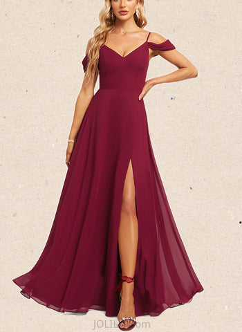 Shayla A-line Cold Shoulder V-Neck Floor-Length Chiffon Bridesmaid Dress UKP0019336