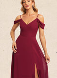 Shayla A-line Cold Shoulder V-Neck Floor-Length Chiffon Bridesmaid Dress UKP0019336