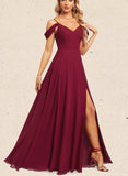 Shayla A-line Cold Shoulder V-Neck Floor-Length Chiffon Bridesmaid Dress UKP0019336