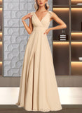 Caitlyn A-line V-Neck Floor-Length Chiffon Bridesmaid Dress With Bow UKP0019338