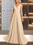 Caitlyn A-line V-Neck Floor-Length Chiffon Bridesmaid Dress With Bow UKP0019338