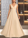 Caitlyn A-line V-Neck Floor-Length Chiffon Bridesmaid Dress With Bow UKP0019338