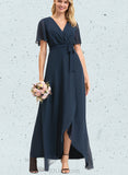 Nell A-line V-Neck Asymmetrical Chiffon Bridesmaid Dress With Bow Pleated UKP0019339