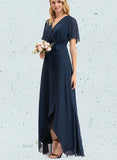 Nell A-line V-Neck Asymmetrical Chiffon Bridesmaid Dress With Bow Pleated UKP0019339