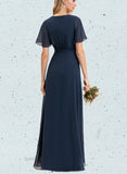 Nell A-line V-Neck Asymmetrical Chiffon Bridesmaid Dress With Bow Pleated UKP0019339