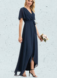 Nell A-line V-Neck Asymmetrical Chiffon Bridesmaid Dress With Bow Pleated UKP0019339