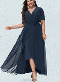 Nell A-line V-Neck Asymmetrical Chiffon Bridesmaid Dress With Bow Pleated UKP0019339