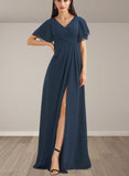 Vicky A-line V-Neck Floor-Length Chiffon Bridesmaid Dress UKP0019340