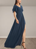 Vicky A-line V-Neck Floor-Length Chiffon Bridesmaid Dress UKP0019340