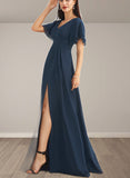 Vicky A-line V-Neck Floor-Length Chiffon Bridesmaid Dress UKP0019340