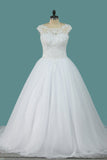 Scoop Tulle Ball Gown Wedding Dresses With Applique Court Train