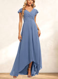 Jazlynn A-line V-Neck Asymmetrical Chiffon Bridesmaid Dress With Ruffle UKP0019342