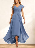 Jazlynn A-line V-Neck Asymmetrical Chiffon Bridesmaid Dress With Ruffle UKP0019342