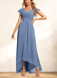 Jazlynn A-line V-Neck Asymmetrical Chiffon Bridesmaid Dress With Ruffle UKP0019342