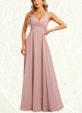 Beryl A-line V-Neck Floor-Length Chiffon Bridesmaid Dress UKP0019343