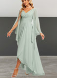 Valery A-line V-Neck Asymmetrical Chiffon Bridesmaid Dress With Ruffle UKP0019346