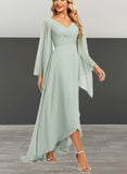 Valery A-line V-Neck Asymmetrical Chiffon Bridesmaid Dress With Ruffle UKP0019346