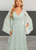 Valery A-line V-Neck Asymmetrical Chiffon Bridesmaid Dress With Ruffle UKP0019346