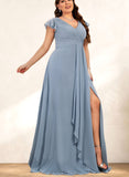 Carla A-line V-Neck Floor-Length Chiffon Bridesmaid Dress With Ruffle UKP0019347