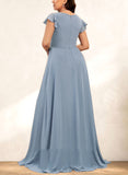 Carla A-line V-Neck Floor-Length Chiffon Bridesmaid Dress With Ruffle UKP0019347